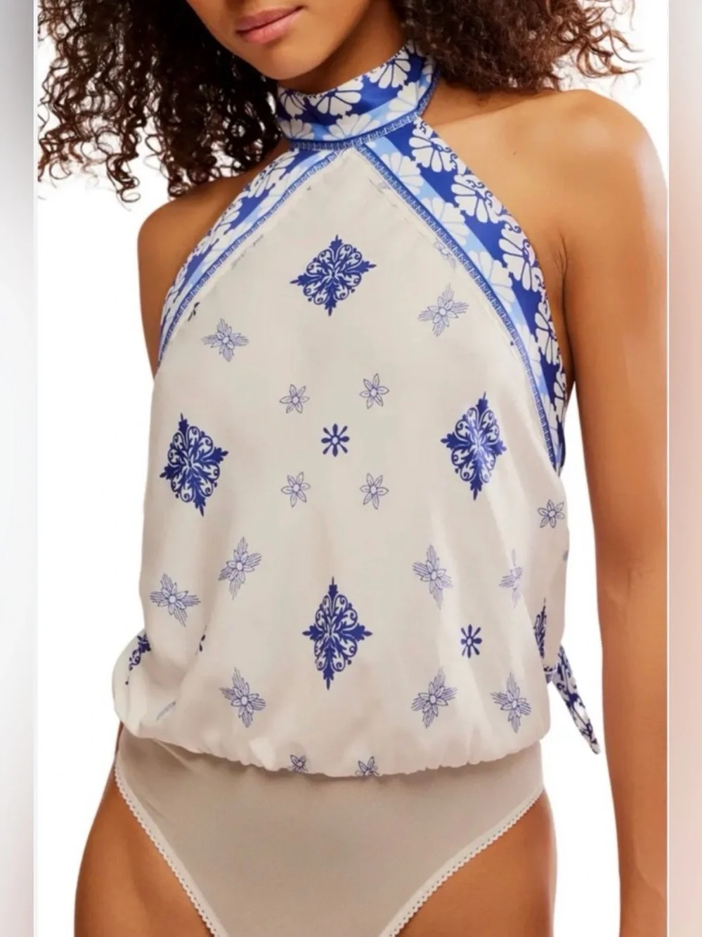 NWT Free People Intimately Blue & White Halter Print Women's Bodysuit